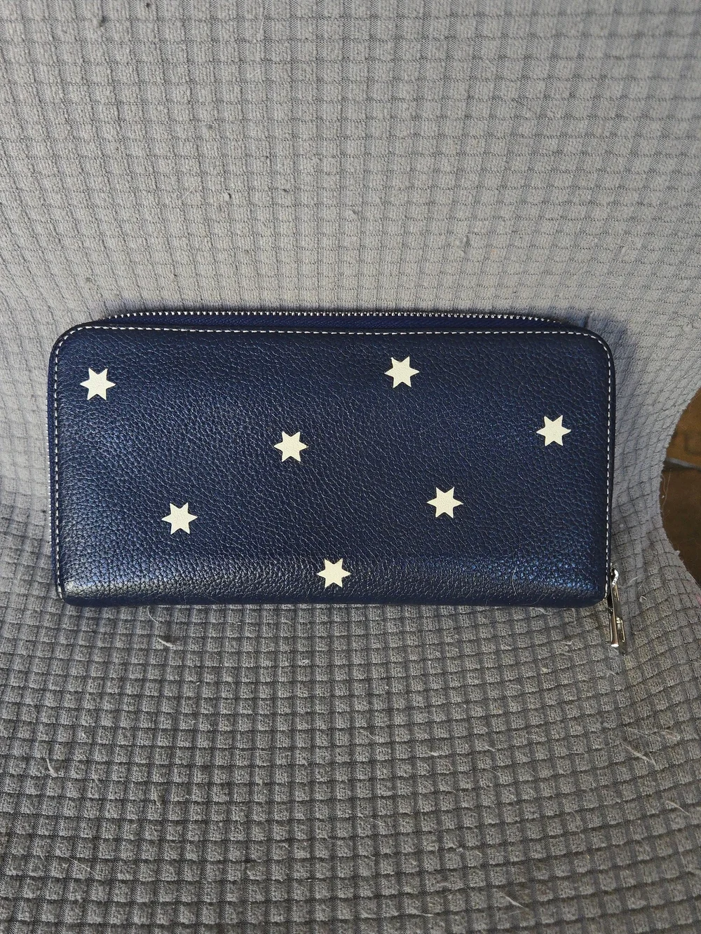 Loewe Navy Pebbled Leather Zip Wallet with Cream Star Accents